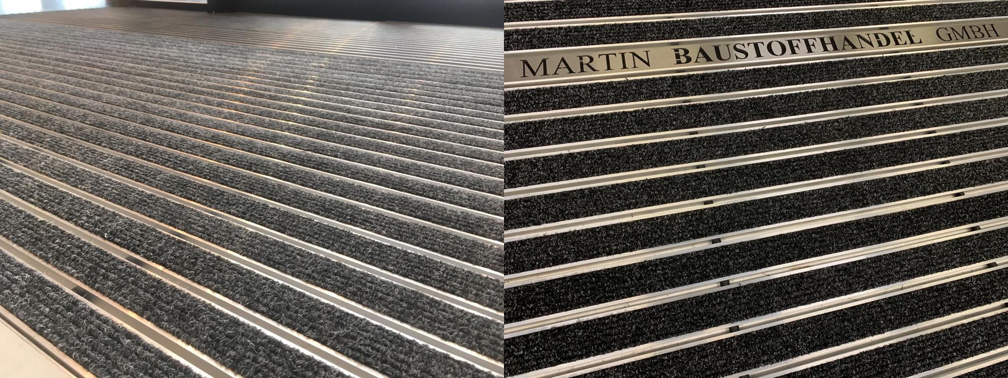 Foot scrapers with various rib colors, black and gray, can be used outdoors under a canopy.