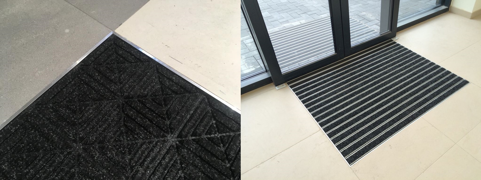 The installation frame seamlessly connects the recessed entrance mat to the floor. Part of it includes the matching carpet covering.