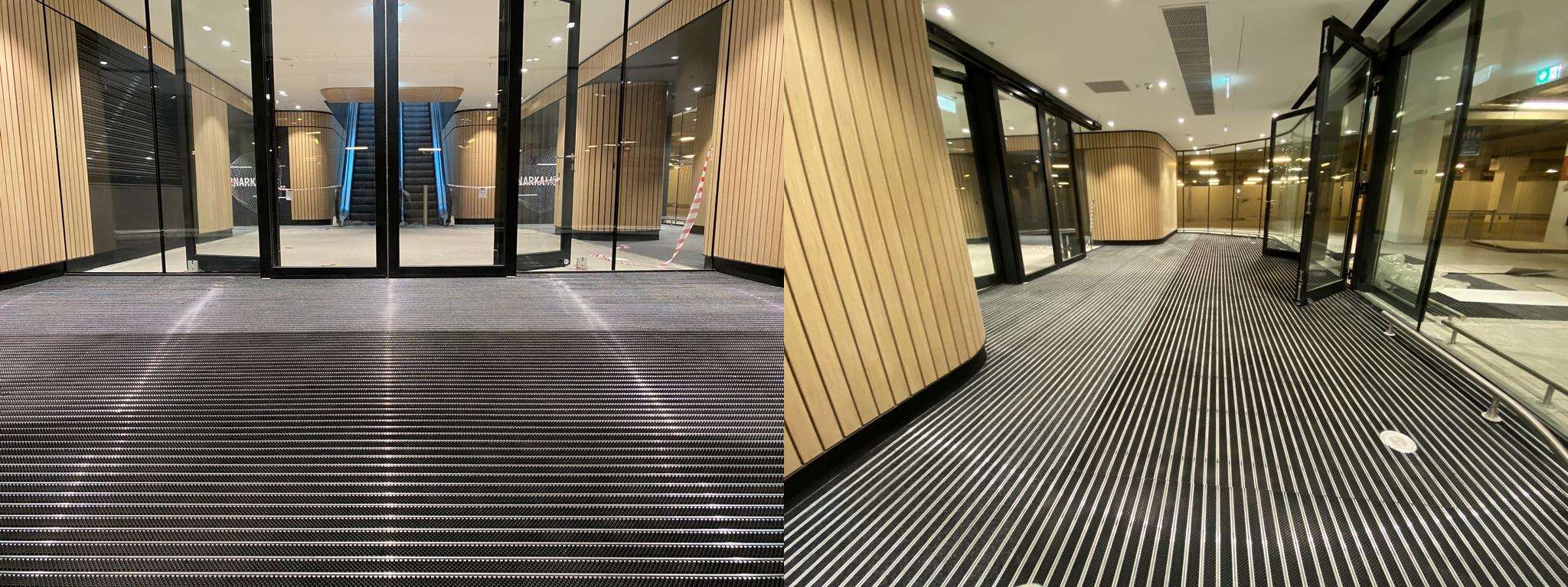 Eingangsmatten nach Maß befinden sich innerhalb des Eingangsbereiche in der Einkaufsgalerie.